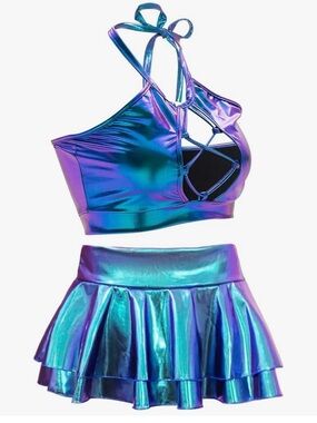 Holographic Iridescent Two-Piece Crop Top & Skirt Set - Teal Purple